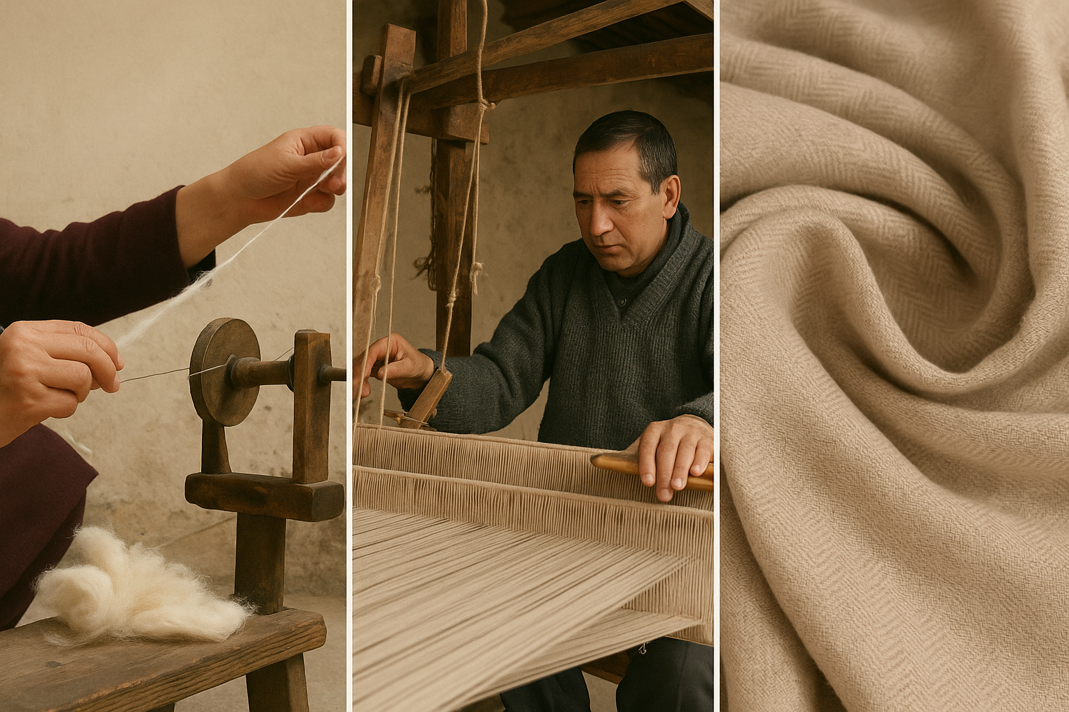 Traditional Pashmina weaving techniques: hand spinning, loom weaving, and finished fabric